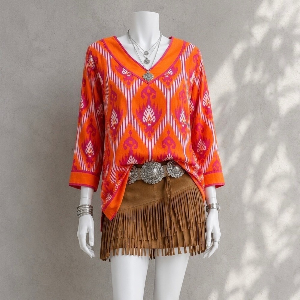 Gretchen Scott Top M Orange Purple Ikat Batik V Neck Cotton Resort Tunic - Picture 2 of 14